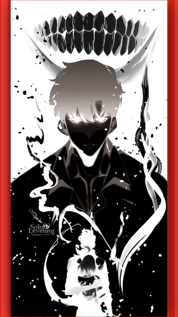 "Anime wallpaper of Sung Jin-Woo from Solo Leveling with glowing eyes, standing in front of the creepy Statue of God smile, featuring a high-contrast black and white style."
