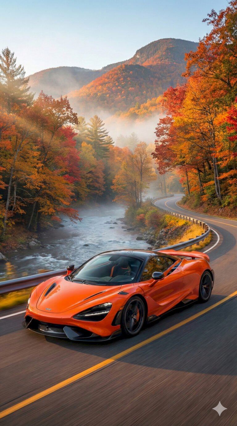 "Orange McLaren supercar driving on a road next to a turquoise mountain lake at sunset mobile wallpaper."