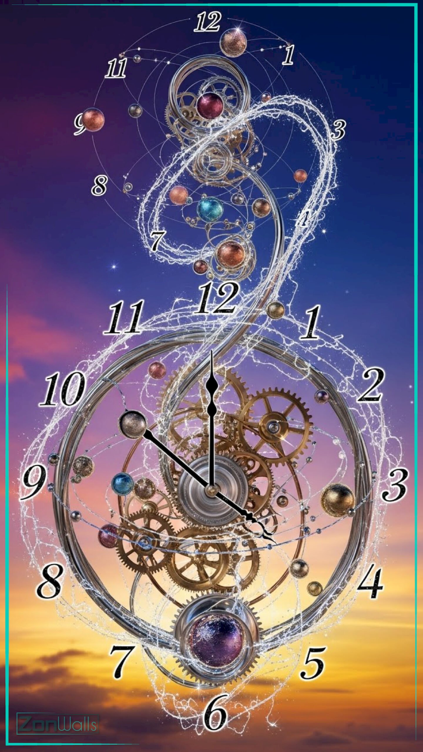 A vertical surreal musical clock wallpaper featuring a metallic treble clef-shaped timepiece filled with gears, planets, and water splashes against a sunset sky.