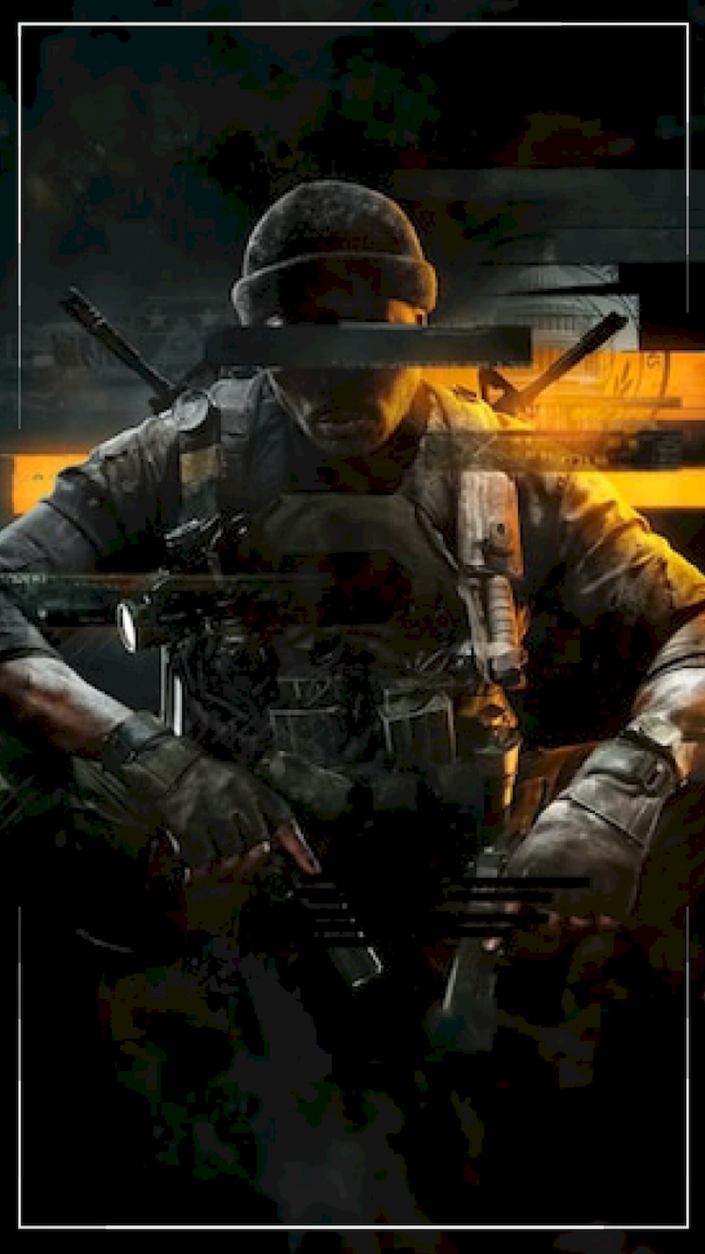 A special forces soldier in tactical gear holding a rifle with eyes redacted by a black bar, featuring a digital glitch art style.