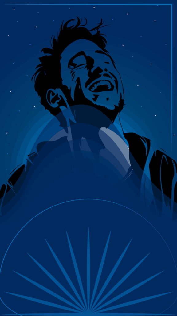 Stylized blue digital illustration of Tony Stark looking up and smiling with eyes closed against a starry night sky background.