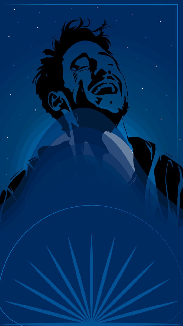 Stylized blue digital illustration of Tony Stark looking up and smiling with eyes closed against a starry night sky background.