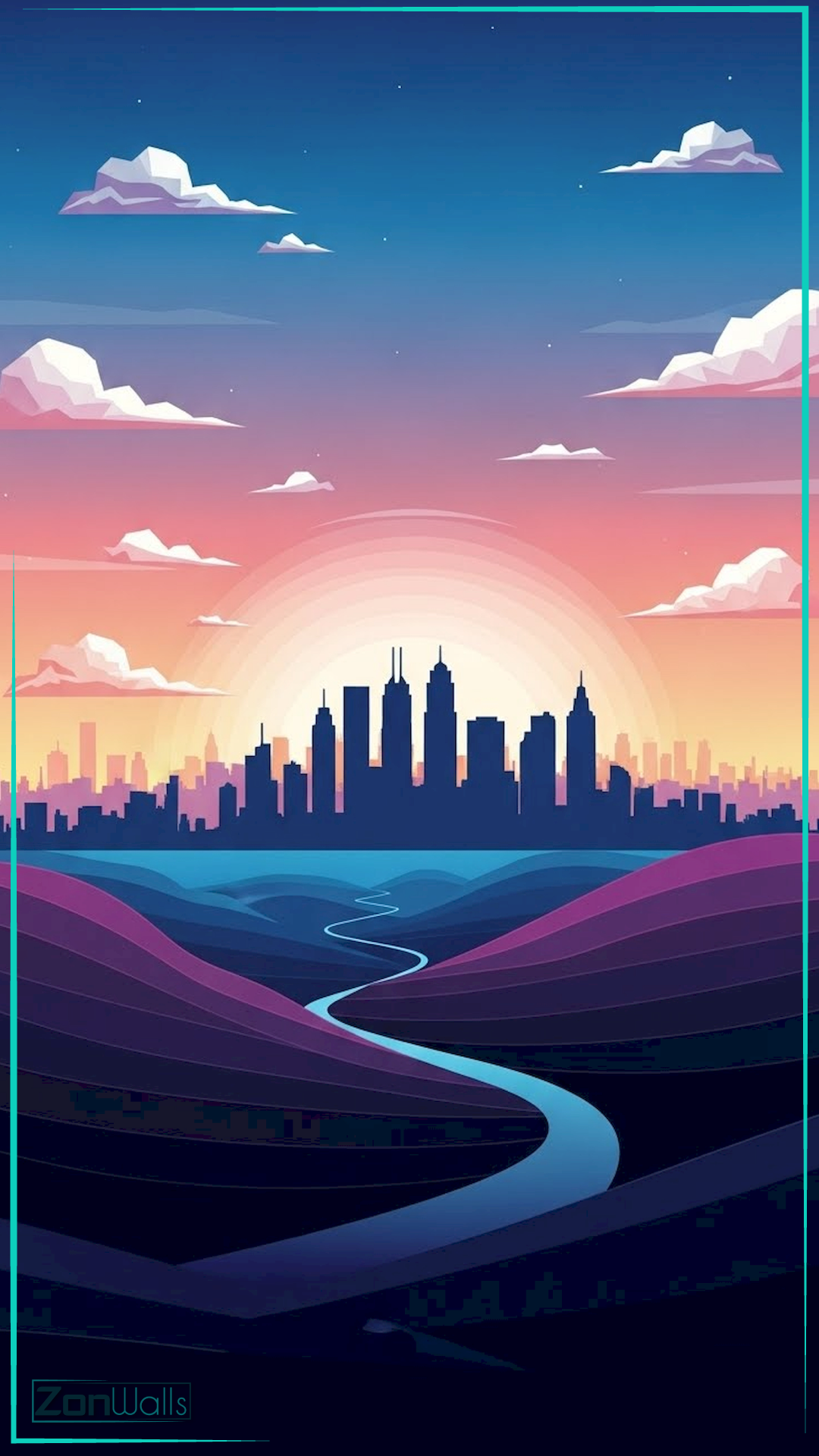 Vertical flat design illustration of a dark city skyline silhouette against a vibrant orange and pink sunset, featuring a blue winding river flowing through purple hills and stylized geometric clouds.