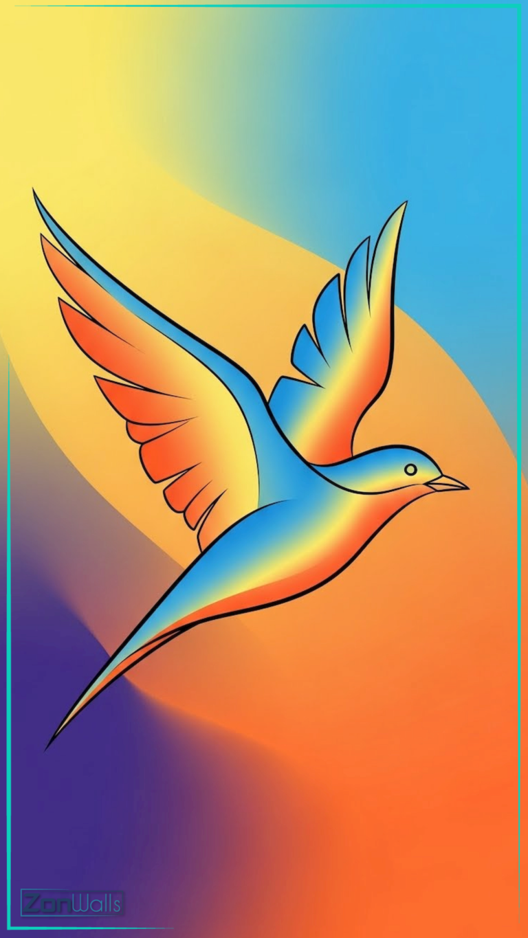 Illustrative bird in flight with a smooth gradient color transition from blue to orange and yellow, set against a flowing, blurred background of yellow, orange, and purple hues.