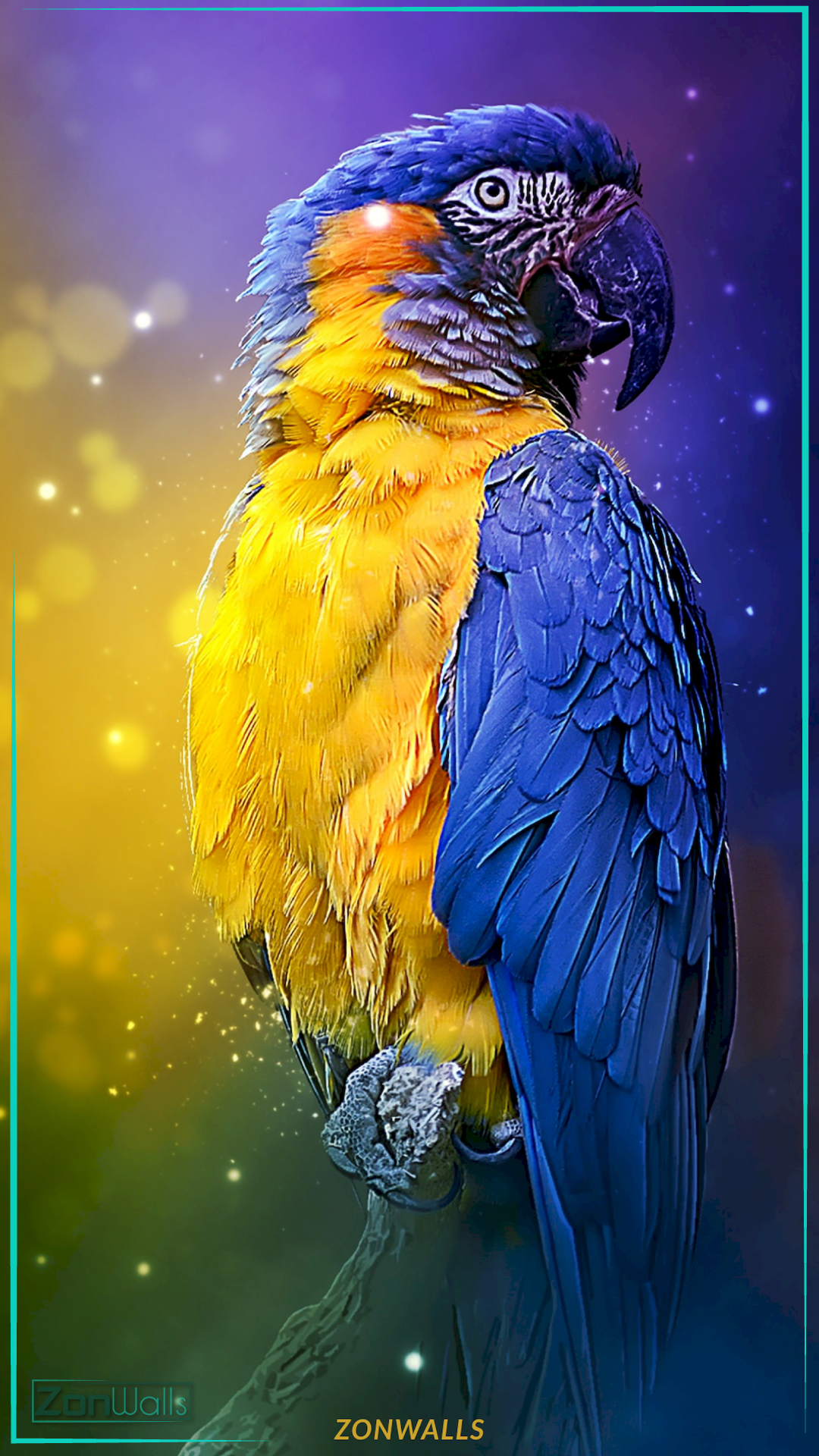Artistic portrait of a Blue and Gold Macaw parrot with vivid blue and yellow feathers, perched on a branch against a glowing purple and yellow bokeh background.