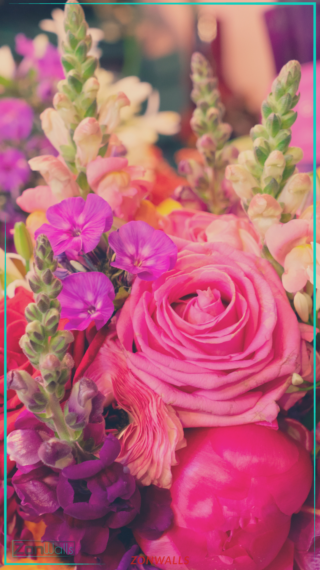 Vertical nature wallpaper featuring a lush close-up of a floral bouquet with a large blooming pink rose in the center, surrounded by vivid purple flowers and tall green buds.