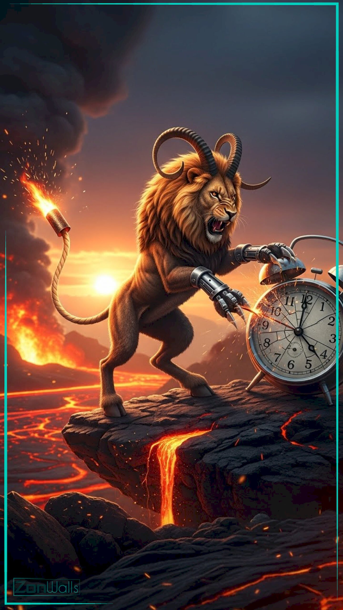 A vertical volcanic time beast wallpaper featuring a horned lion-ram hybrid with mechanical claws holding an alarm clock on a lava cliff with a burning fuse tail.