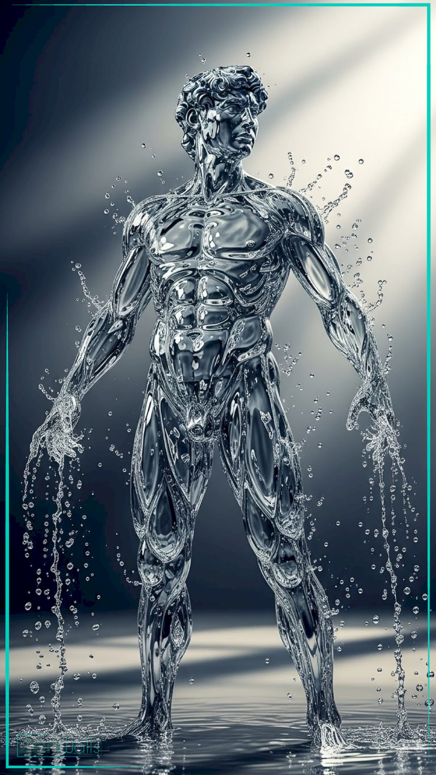 A vertical water man statue wallpaper featuring a muscular male figure made of clear splashing water standing confidently with water dripping from his hands.