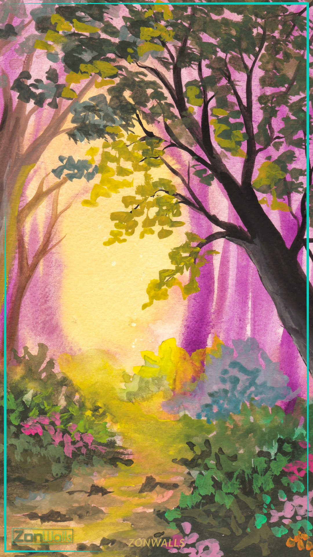 Vertical watercolor painting of a forest path featuring dark tree silhouettes, vibrant purple mist, and a warm yellow glowing light in the center.