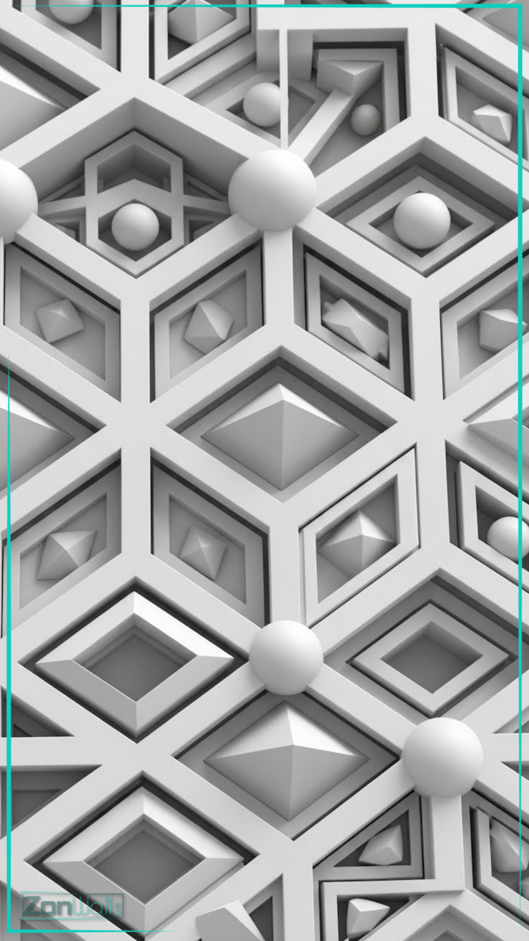 Vertical abstract wallpaper featuring a detailed 3D white relief pattern with interlocking geometric shapes, including pyramids, diamonds, and spheres connecting the grid structure.