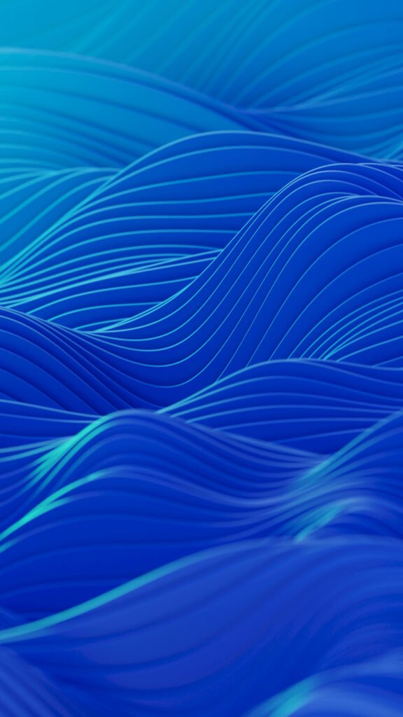 Abstract 3D wallpaper featuring smooth, layered flowing shapes resembling a flower or folded fabric in deep royal blue tones against a dark background.