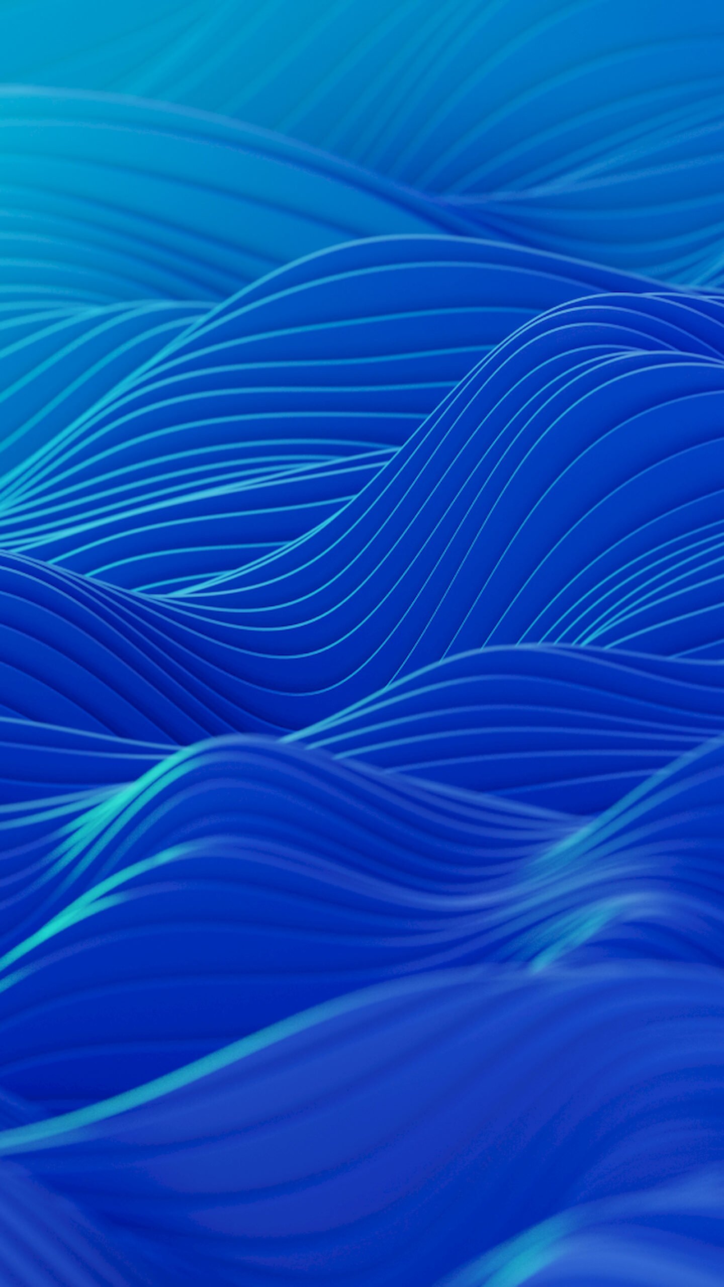 Abstract 3D wallpaper featuring smooth, layered flowing shapes resembling a flower or folded fabric in deep royal blue tones against a dark background.