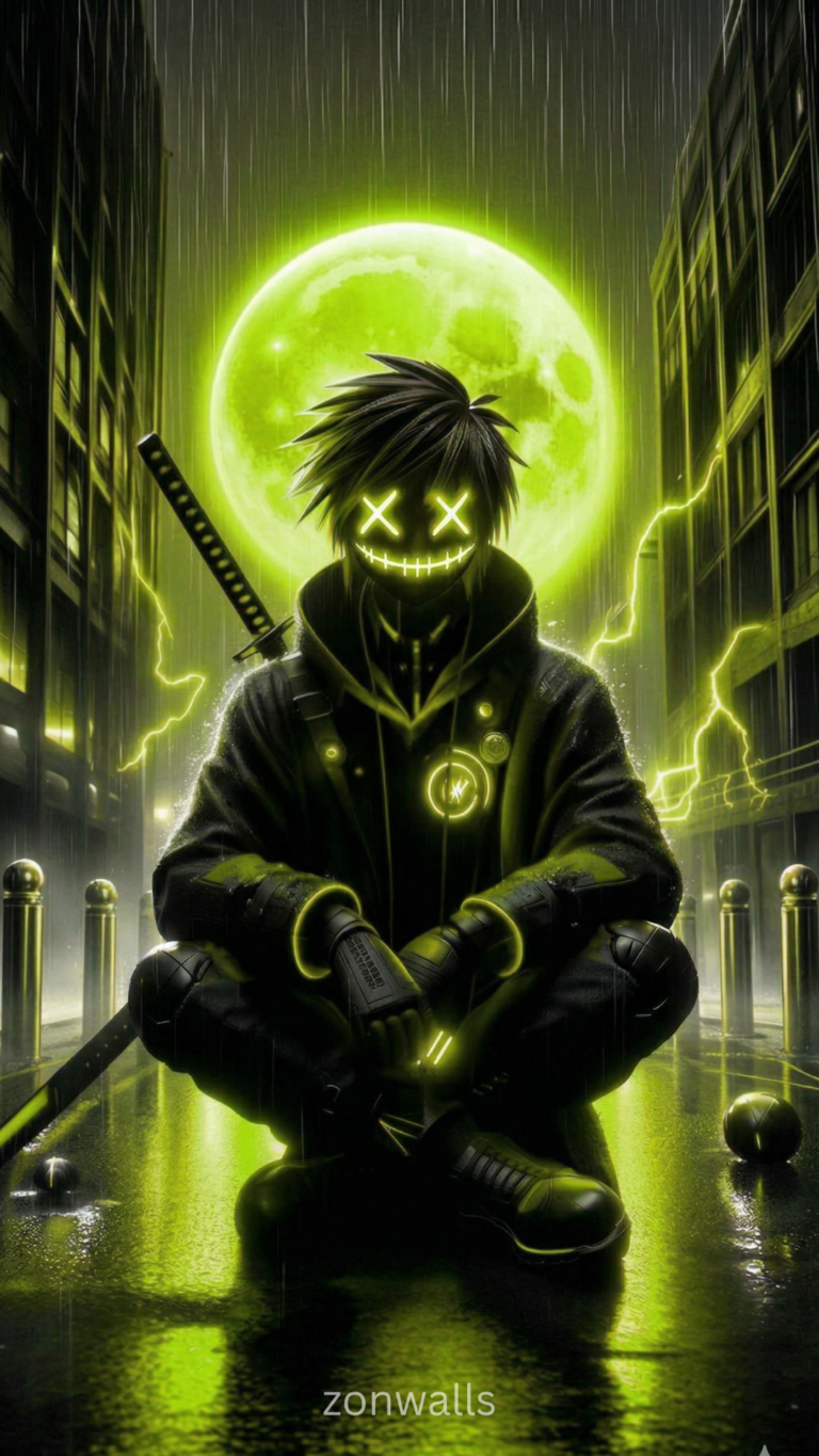 A mysterious character in a black hoodie and glowing neon green mask with X eyes, sitting cross-legged on a wet city street. A samurai sword is strapped to their back, with a giant glowing green moon, lightning strikes, and rain in the dark background.