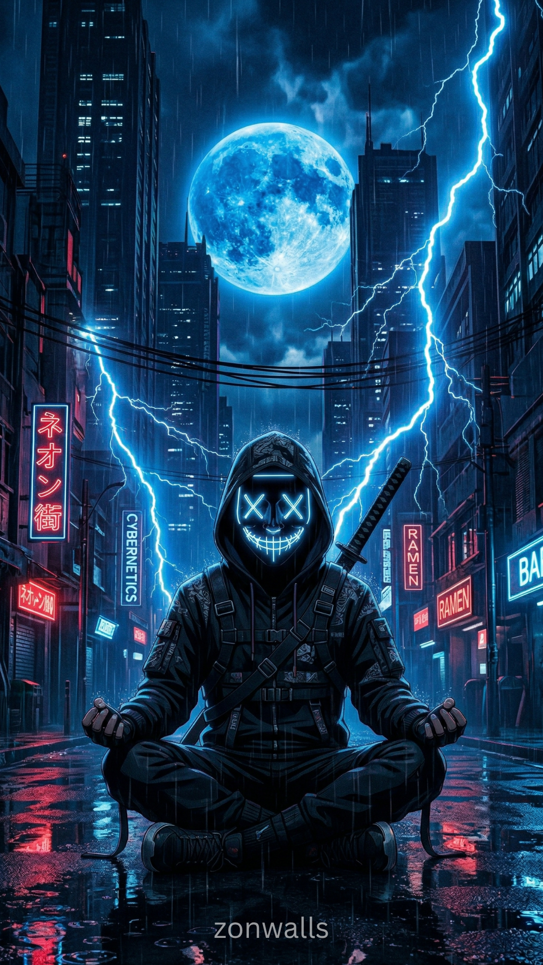 A mysterious figure in a black hoodie and techwear with a glowing blue neon 'X' mask and a stitched grin, sitting cross-legged in a rainy Japanese city alley. A katana is on their back. A massive blue moon and bright blue lightning strikes fill the background sky, illuminating the wet street.