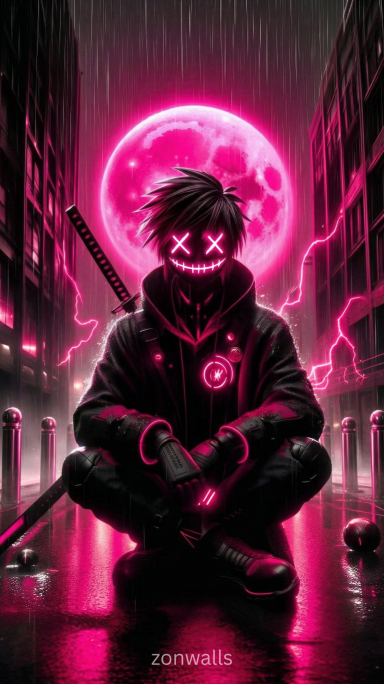 A dark cyberpunk character wearing a glowing pink neon mask with X eyes, sitting on a wet street with a katana. A giant pink moon and lightning illuminate the background.