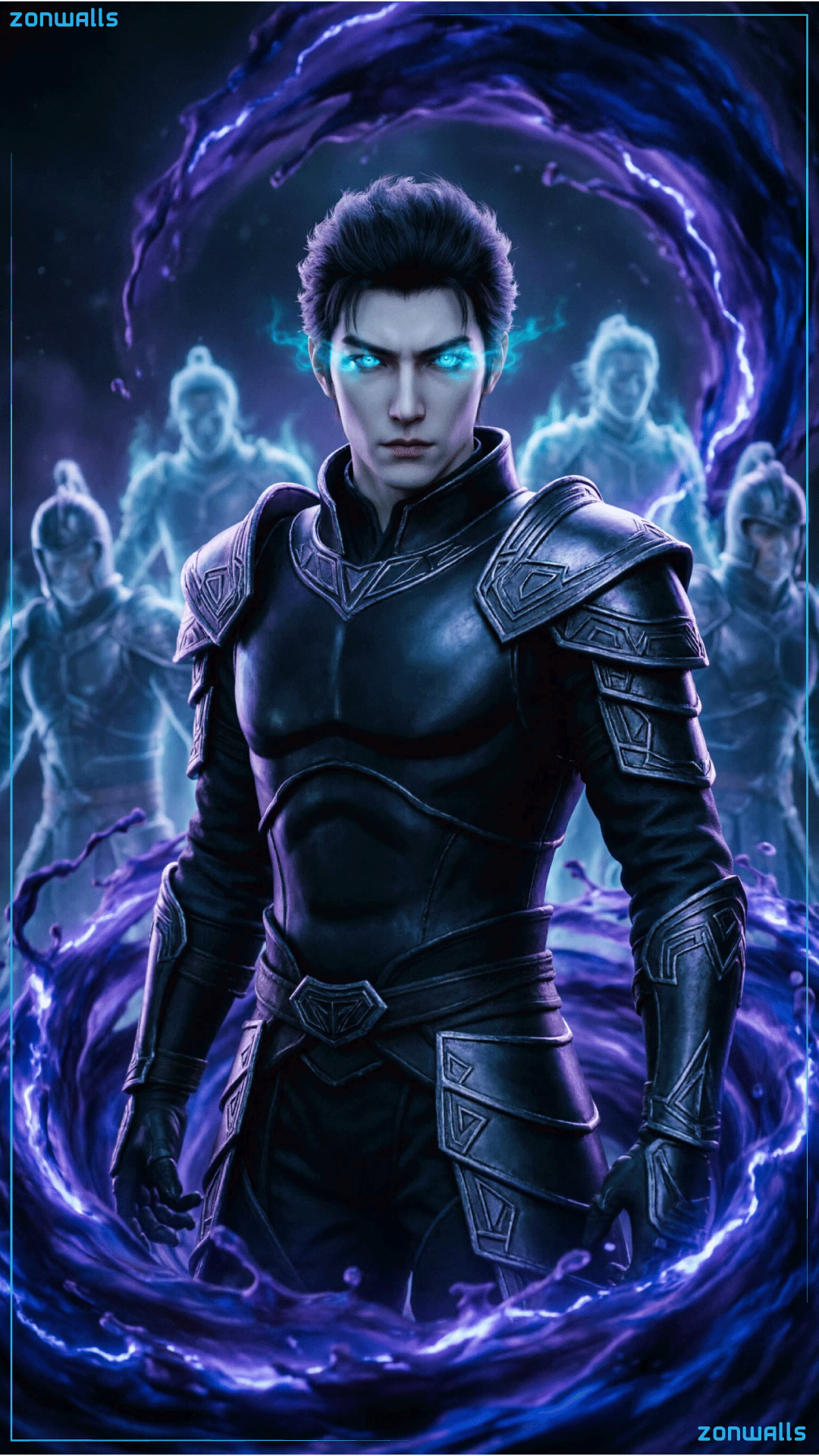 A powerful Dark Shadow Monarch anime warrior standing solo surrounded by a swirling dark blue and purple shadow aura, glowing eyes, cinematic lighting, 4K mobile wallpaper.