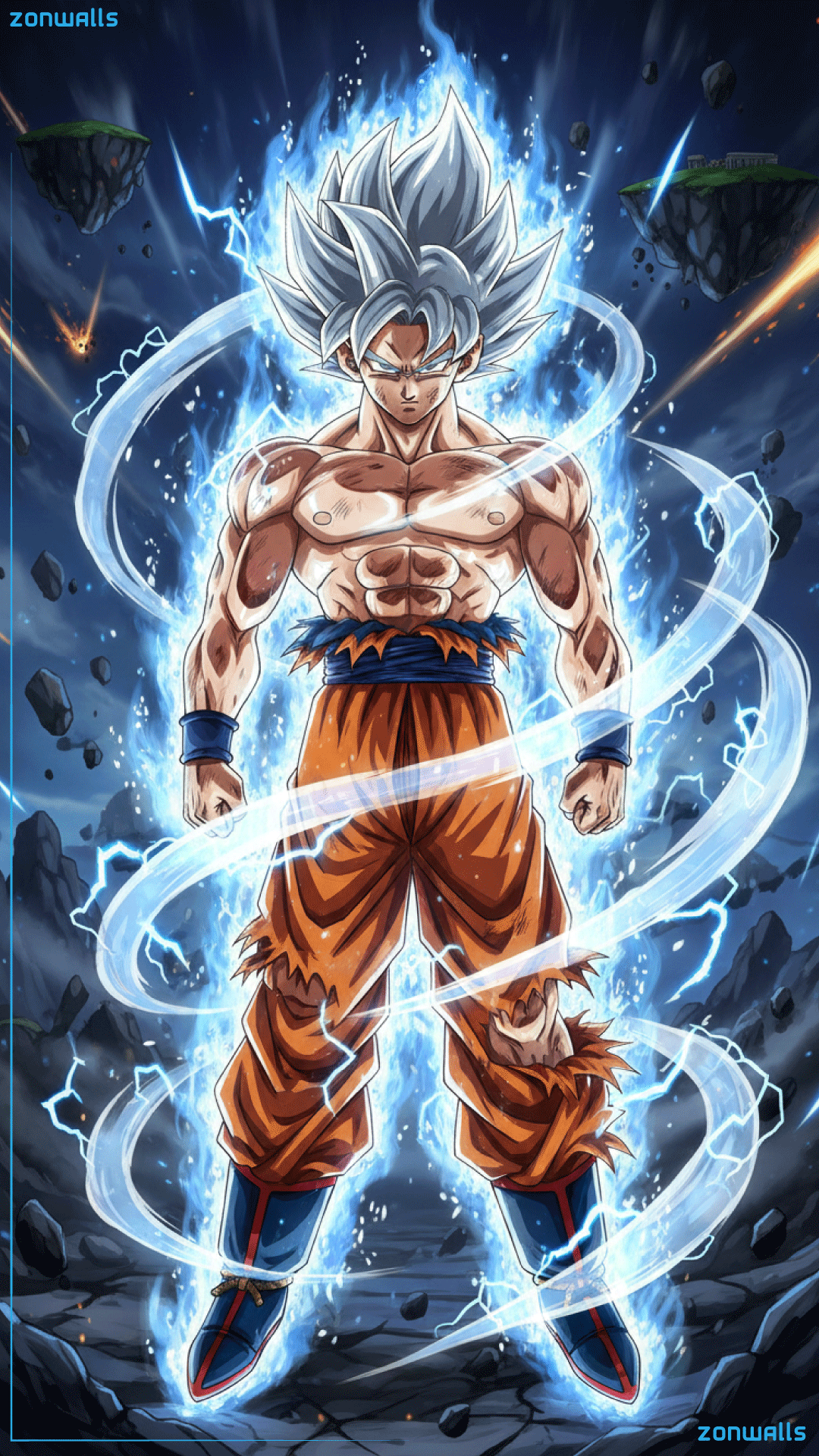 Dragon Ball Wallpaper 4K featuring Son Goku in Ultra Instinct form with cinematic lightning and silver aura.