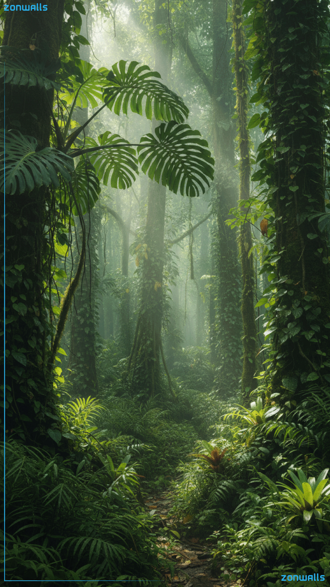 Nature Jungle Wallpaper featuring a misty tropical rainforest with sunlight filtering through giant emerald leaves in 4K resolution.