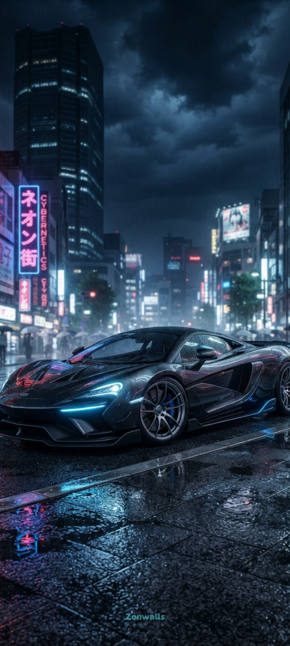 Futuristic exotic supercar mobile wallpaper featuring a sleek carbon fiber aerodynamic car on a wet neon city street at night in ultra-high resolution.