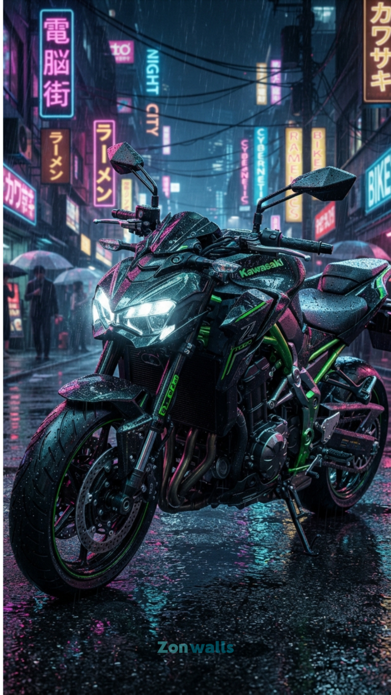 Kawasaki Z1000 wallpaper 4K mobile showcasing a sleek black and green supernaked sports motorcycle parked on a wet, neon-lit urban street at night.