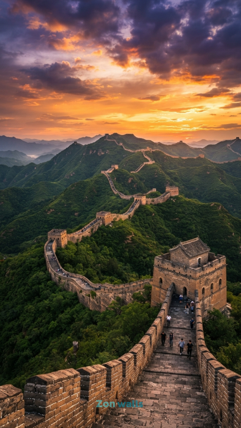 Sunset Great Wall of China 4K wallpaper showing a golden sunset over the ancient winding fortress