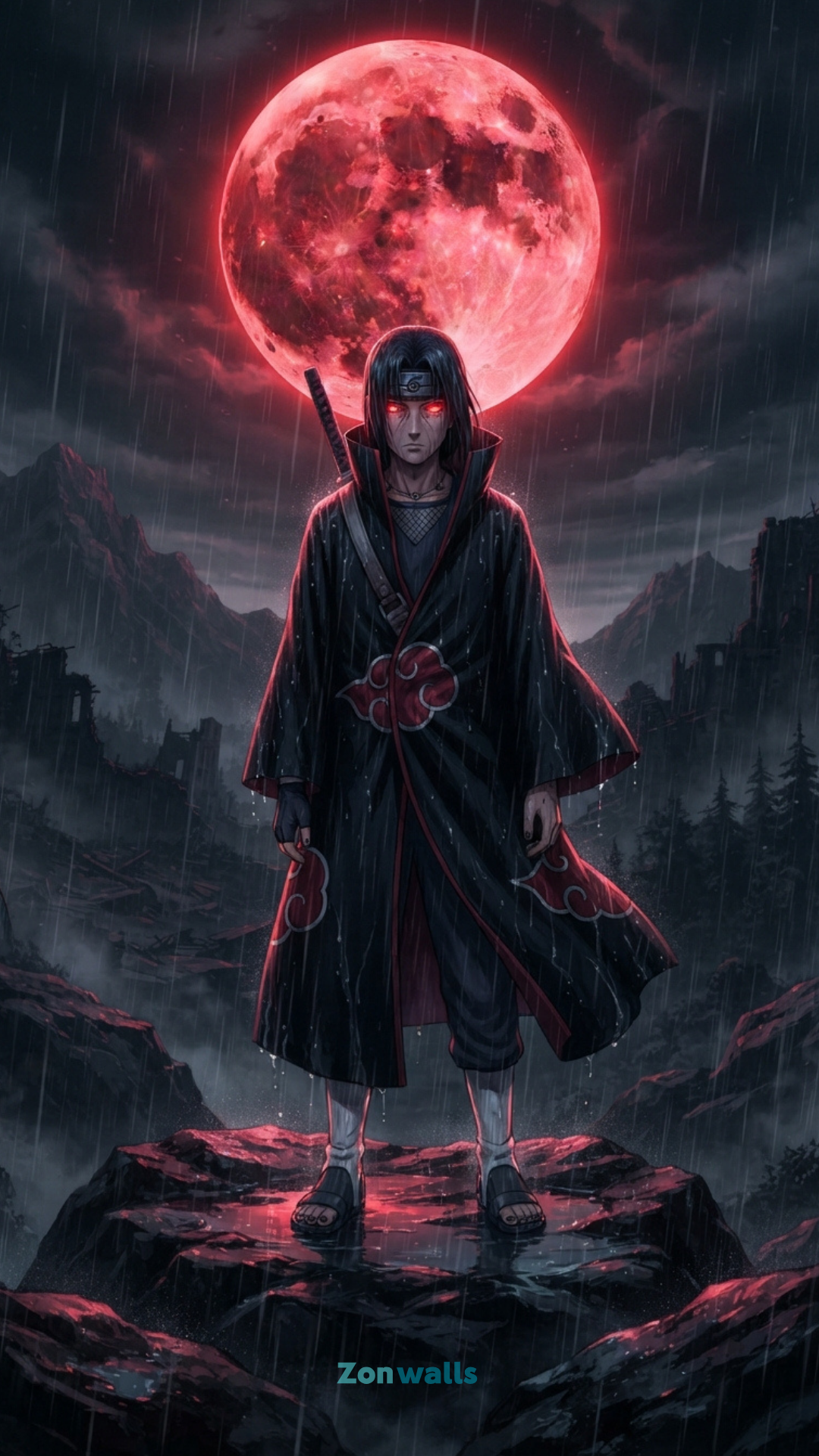 akatsuki itachi wallpaper 4k featuring the legendary Uchiha Itachi with glowing Sharingan eyes standing in front of a blood-red moon in the rain