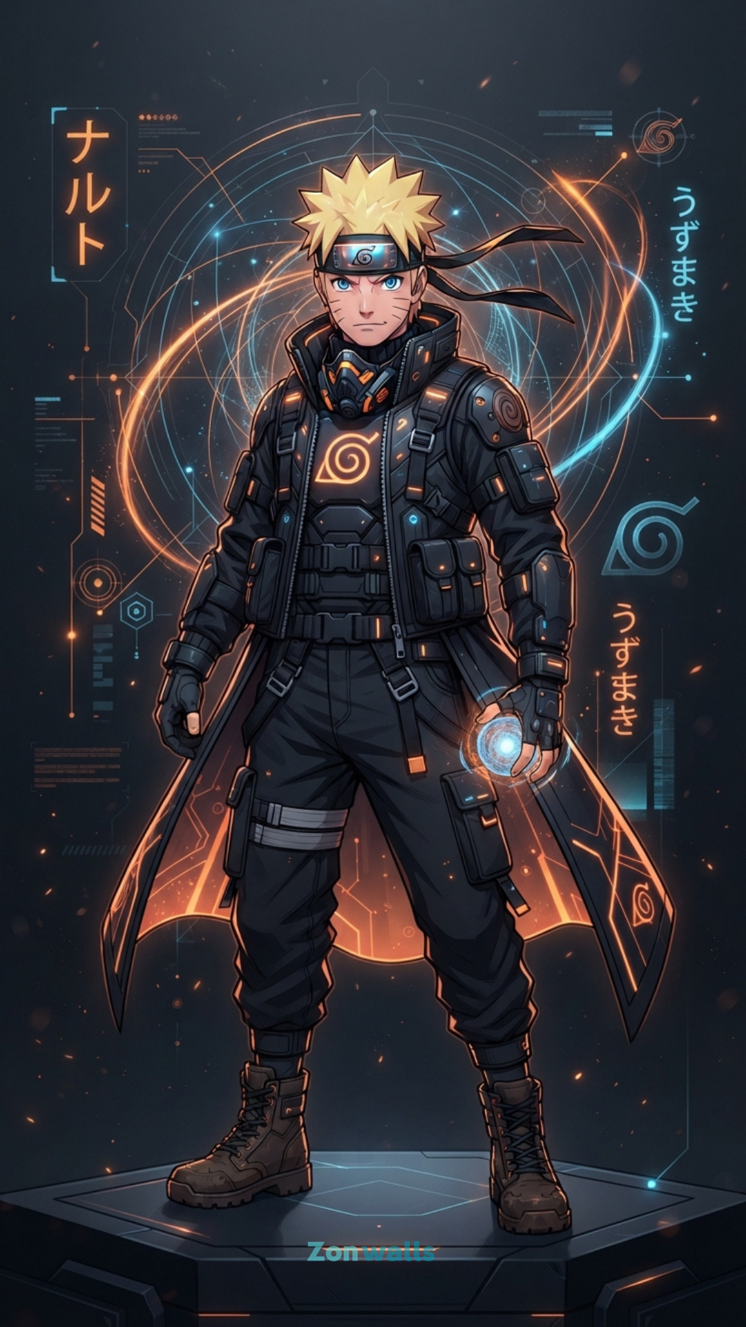 Cool naruto design background featuring a high-quality minimalist illustration of Naruto Uzumaki with glowing blue eyes and modern orange accents.