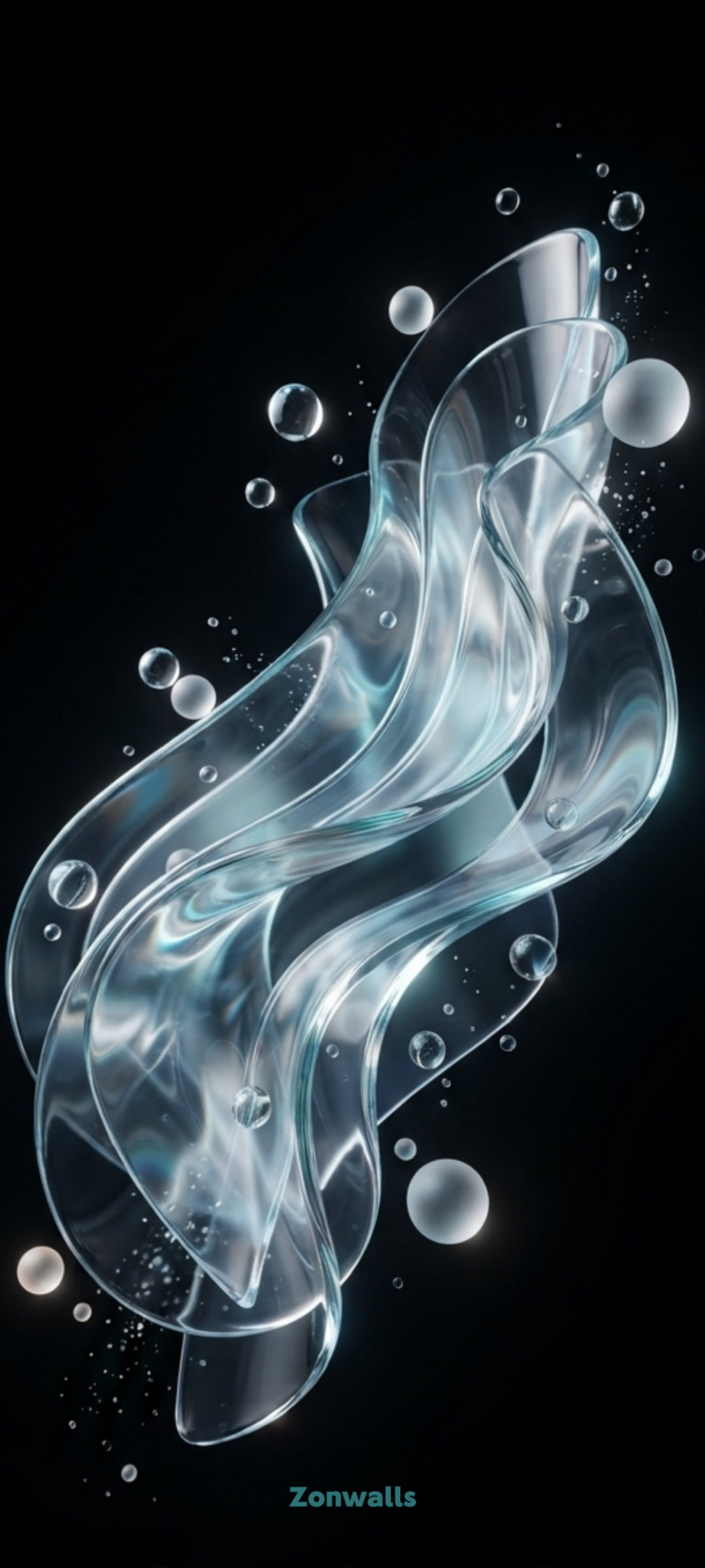minimalist liquid glass wallpaper 4k showcasing translucent 3D flowing glass forms on a deep black background with soft blue reflections.