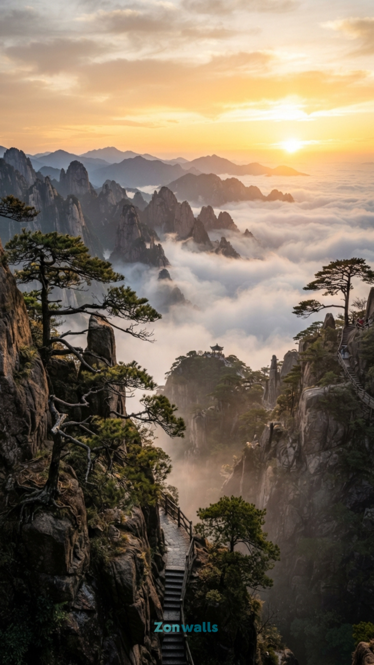 sunrise china mountain wallpaper 4k showcasing golden morning sun rays over the misty Huangshan peaks
