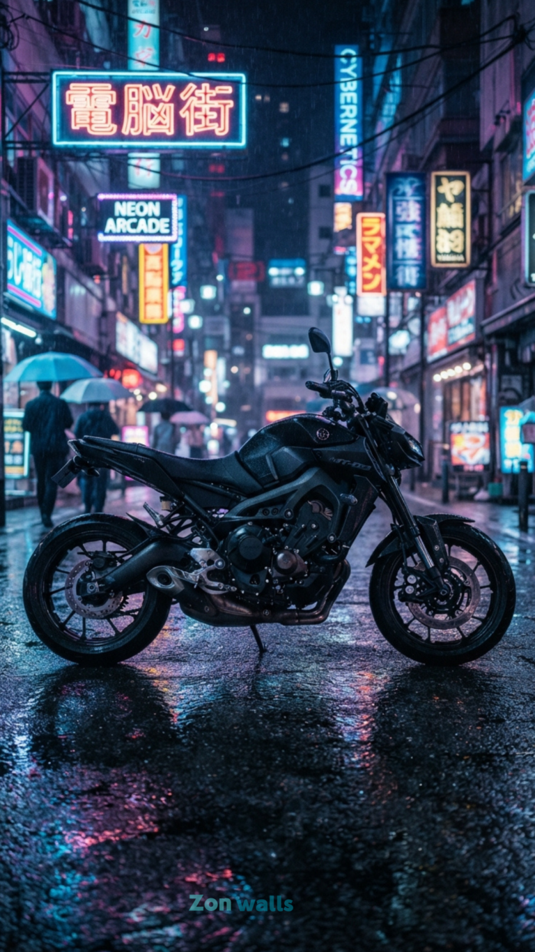 yamaha mt 09 dark phone wallpaper hd featuring a sleek customized hyper naked motorcycle under city neon lights at night
